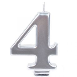 נר ספרה 4 כסף מטאלי - 9 ס"מ