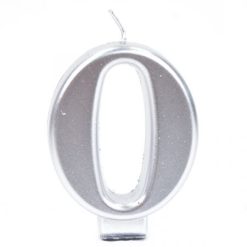 נר ספרה 0 כסף מטאלי - 9 ס"מ