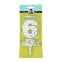 נר יום הולדת כסף עם בסיס פלסטיק - ספרה 6